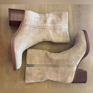 Vince Camuto Tan Suede Mid-Calf Block Heel Boots